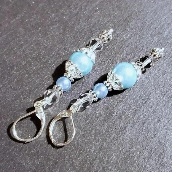 Light Blue Glass Pearl Sterling Silver Plated Handcrafted Dangle Earrings - Picture 10 of 11